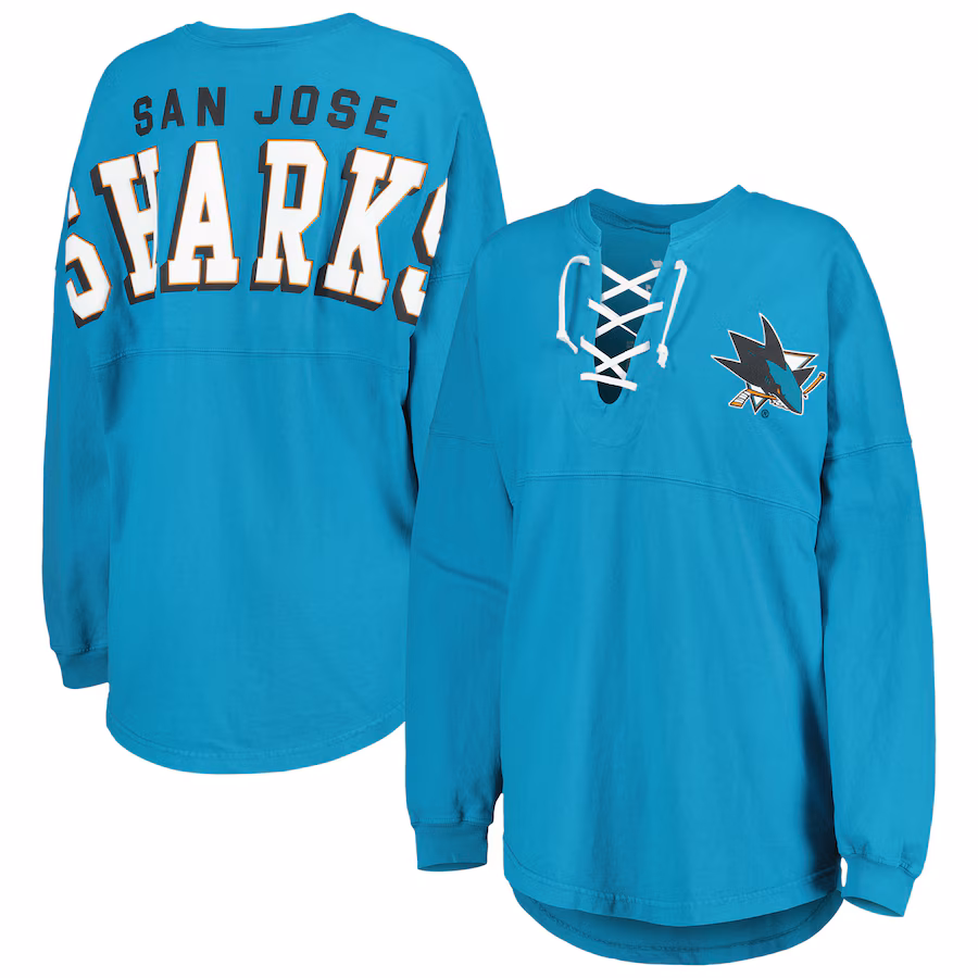 Women's San Jose Sharks Fanatics Teal Spirit Lace-Up V-Neck Long Sleeve Jersey T-Shirt