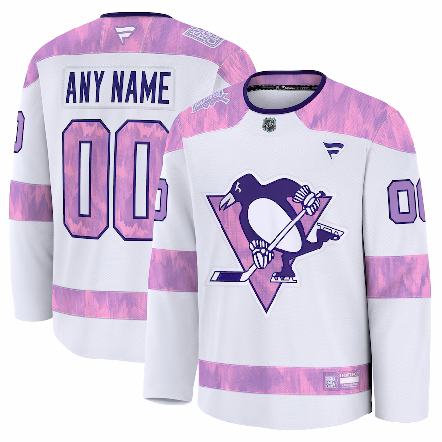 Men's Pittsburgh Penguins Fanatics White 2024 Hockey Fights Cancer Custom Practice Jersey