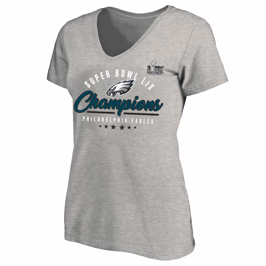 Women's Philadelphia Eagles  Fanatics Heather Gray Super Bowl LIX Champions Plus Size Prestigious Run Tri-Blend V-Neck T-Shirt