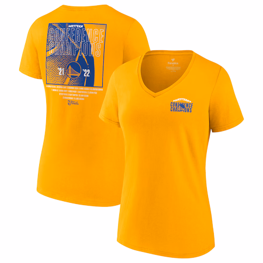 Women's Golden State Warriors Fanatics Gold 2022 Western Conference Champions Balanced Attack Roster V-Neck T-Shirt