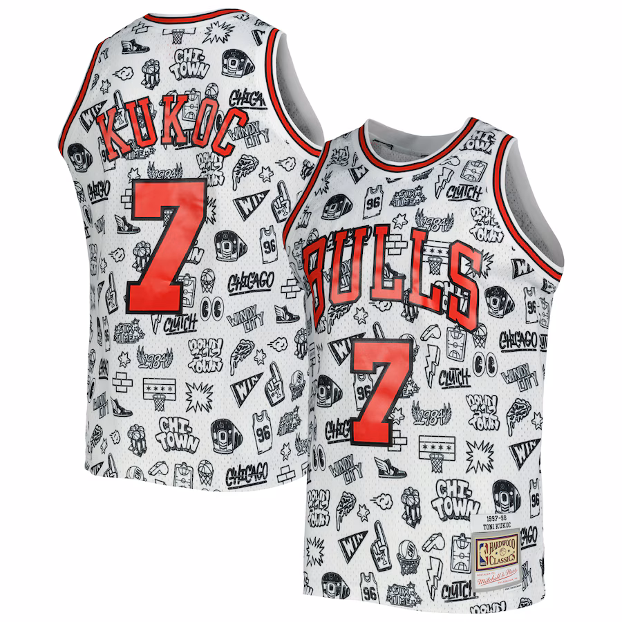 Men's Chicago Bulls Toni Kukoc Mitchell & Ness White 1997/98 Hardwood Classics Doodle Swingman Jersey