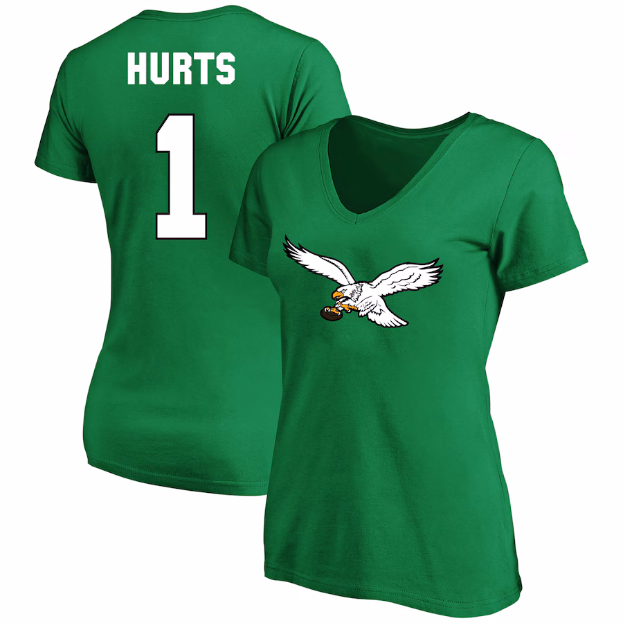 Women's Philadelphia Eagles Jalen Hurts Kelly Green Plus Size Fair Catch Name & Number Scoop Neck T-Shirt