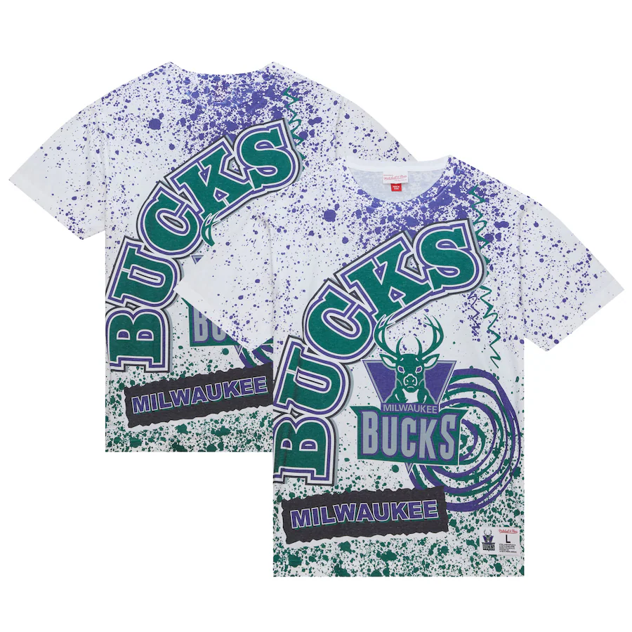 Men's Milwaukee Bucks  Mitchell & Ness White Team Burst Sublimated T-Shirt