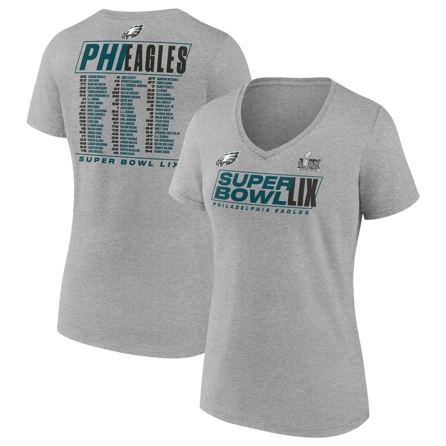 Women's Philadelphia Eagles Fanatics Heather Gray Super Bowl LIX Roster V-Neck T-Shirt