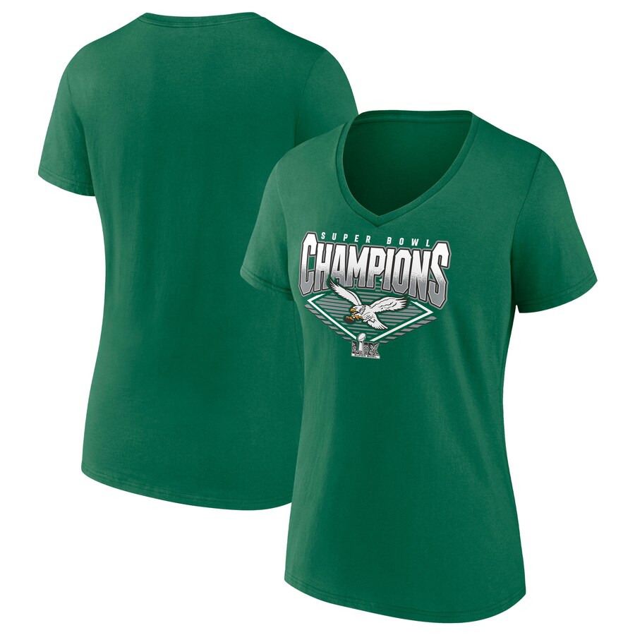 Women's Philadelphia Eagles  Fanatics Kelly Green Super Bowl LIX Champions Retro Diamond V-Neck T-Shirt
