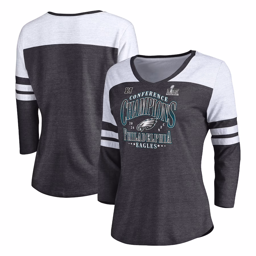 Women's Philadelphia Eagles Fanatics Heather Charcoal 2024 NFC Champions Tri-Blend 3/4 Sleeve V-Neck T-Shirt