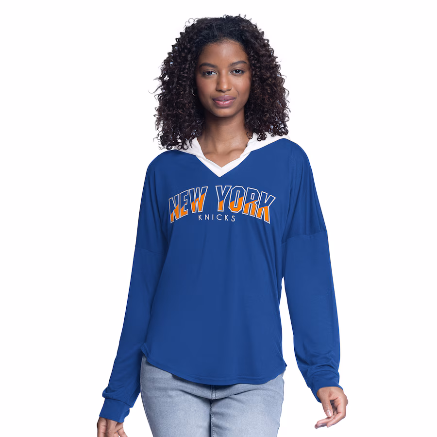 Women's New York Knicks G-III 4Her by Carl Banks Blue Bench Player Oversized Long Sleeve Hooded Top