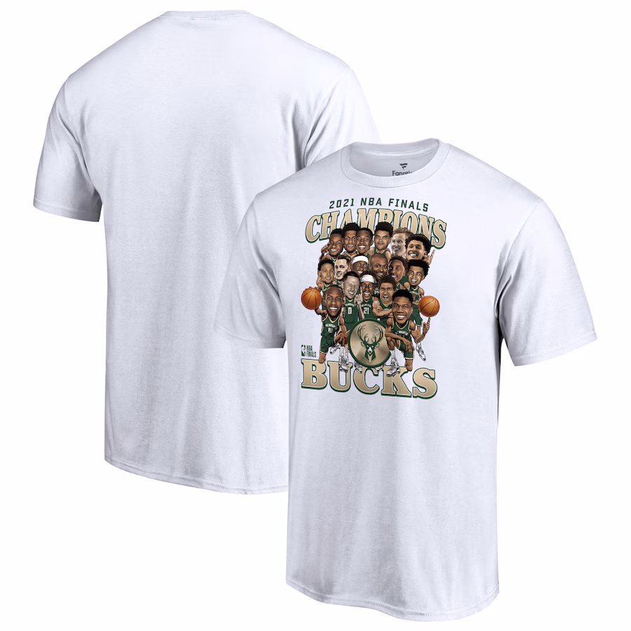 Men's Milwaukee Bucks Fanatics White 2021 NBA Finals Champions Team Caricature Roster T-Shirt