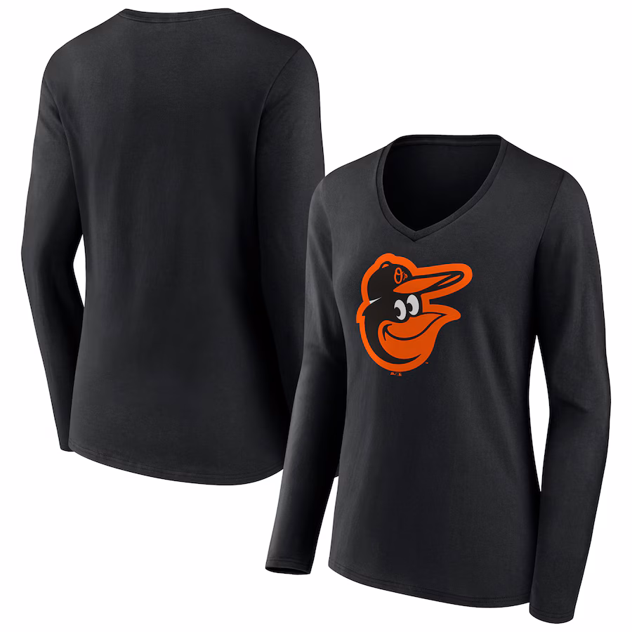 Women's Baltimore Orioles Fanatics Black Official Logo V-Neck Long Sleeve T-Shirt