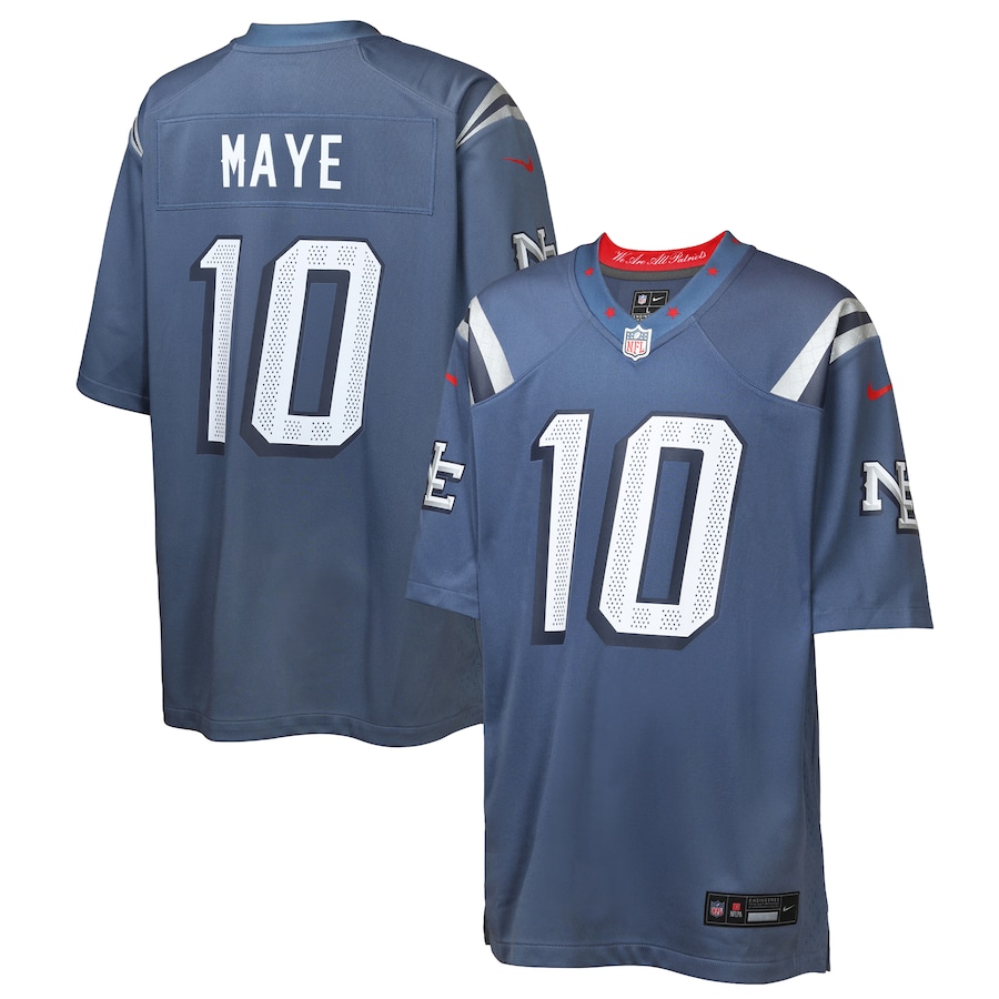 Youth New England Patriots Drake Maye Nike Storm Blue 2025 Rivalries Collection Game Jersey