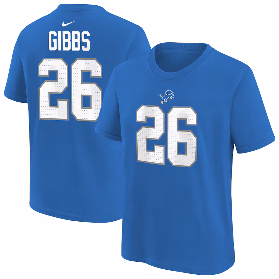Youth Detroit Lions Jahmyr Gibbs Blue Nike Player Name & Number T-Shirt