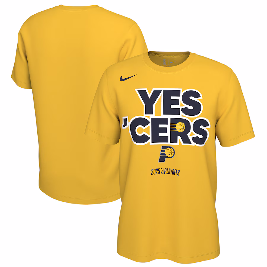 Unisex Indiana Pacers Nike Gold 2025 NBA Playoffs On-Court Mantra T-Shirt