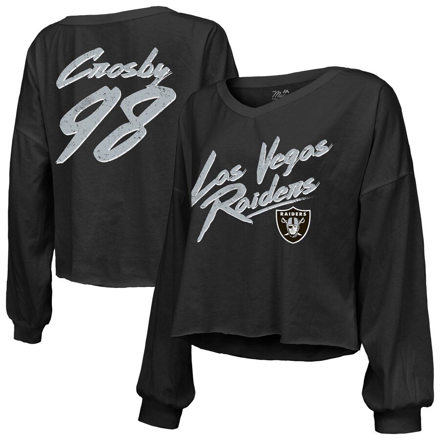 Women's Las Vegas Raiders Maxx Crosby Majestic Threads Black Off-Shoulder Script Player Name & Number Cropped Long Sleeve V-Neck T-Shirt