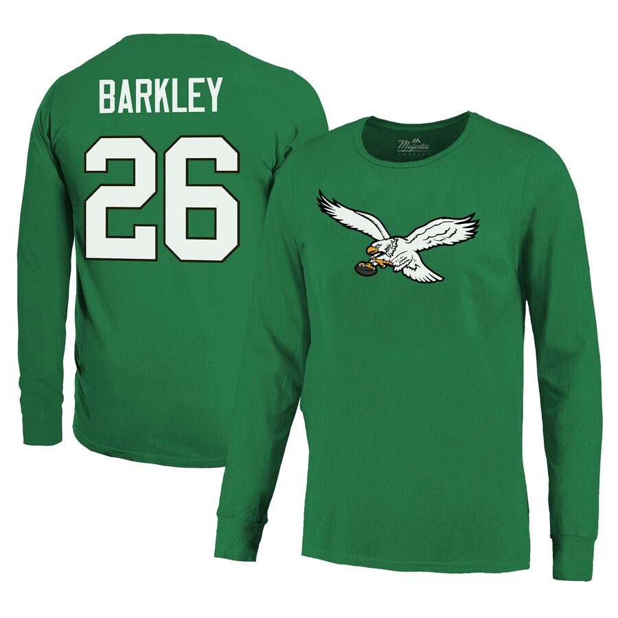 Men's Philadelphia Eagles Saquon Barkley Majestic Threads Kelly Green Name & Number Long Sleeve T-Shirt