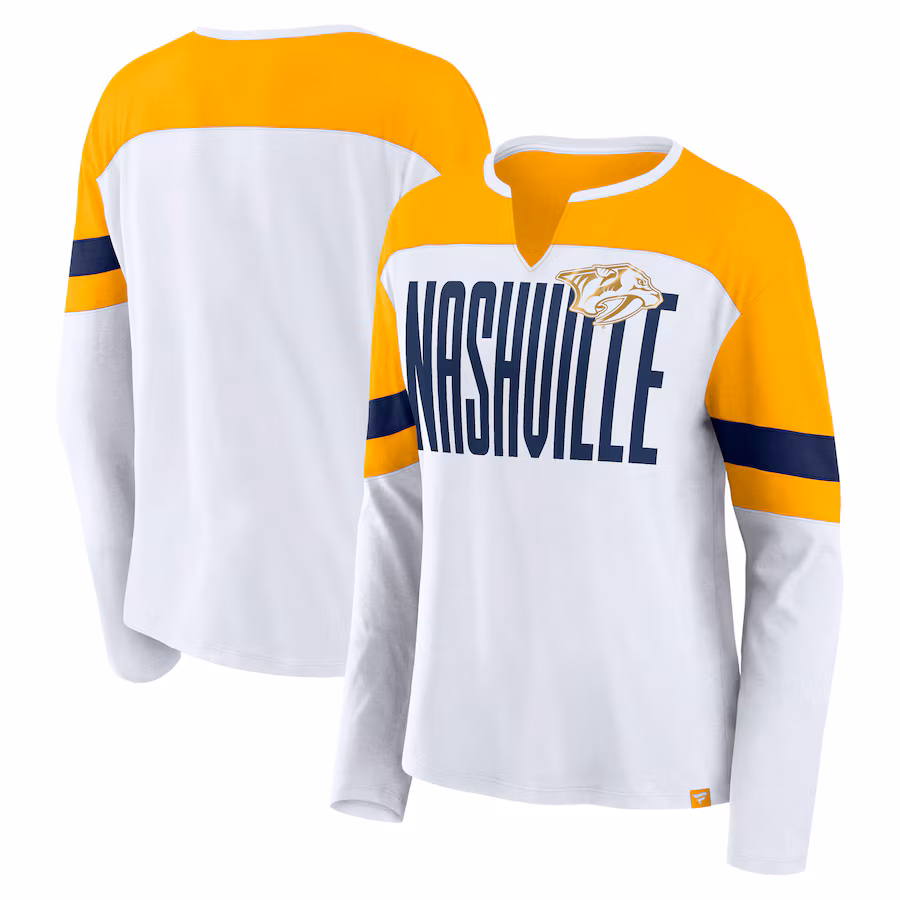 Women's Nashville Predators Fanatics White/Gold Frozen Long Sleeve Notch Neck T-Shirt