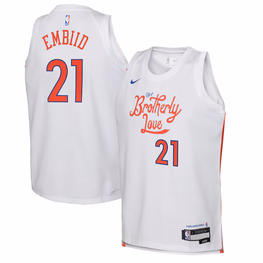 Youth Philadelphia 76ers Joel Embiid Nike White 2022/23 Swingman Jersey - City Edition