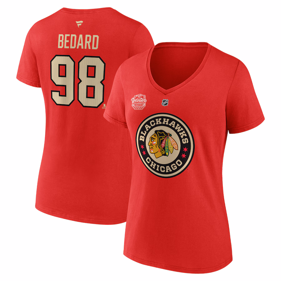 Women's Chicago Blackhawks Connor Bedard Fanatics Red 2025 NHL Winter Classic Authentic Stack Name & Number V-Neck T-Shirt