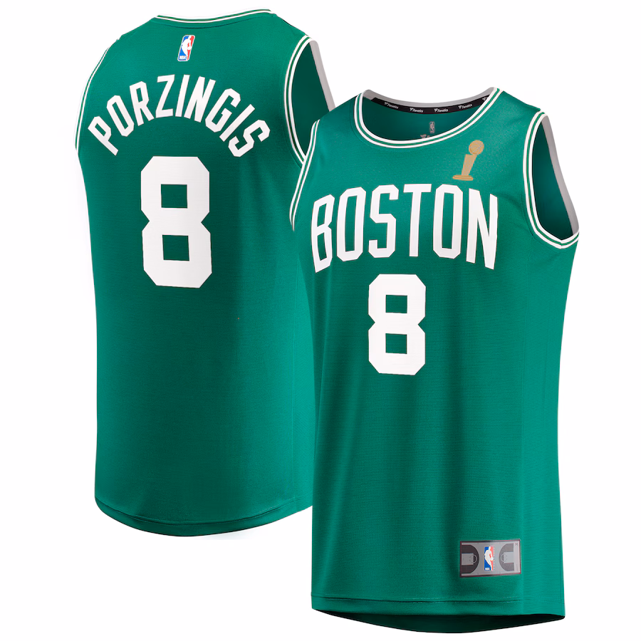 Youth Boston Celtics Kristaps Porzingis Fanatics Kelly Green 2024 NBA Finals Champions Fast Break Replica Player Jersey - Icon Edition