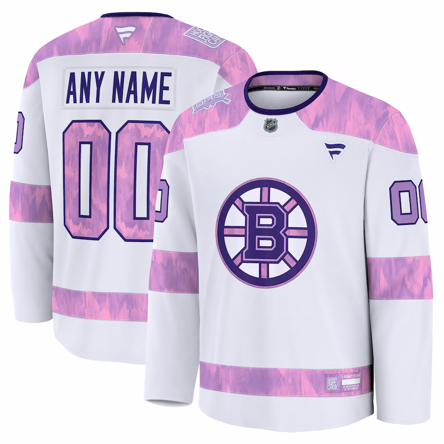 Men's Boston Bruins Fanatics White 2024 Hockey Fights Cancer Custom Practice Jersey