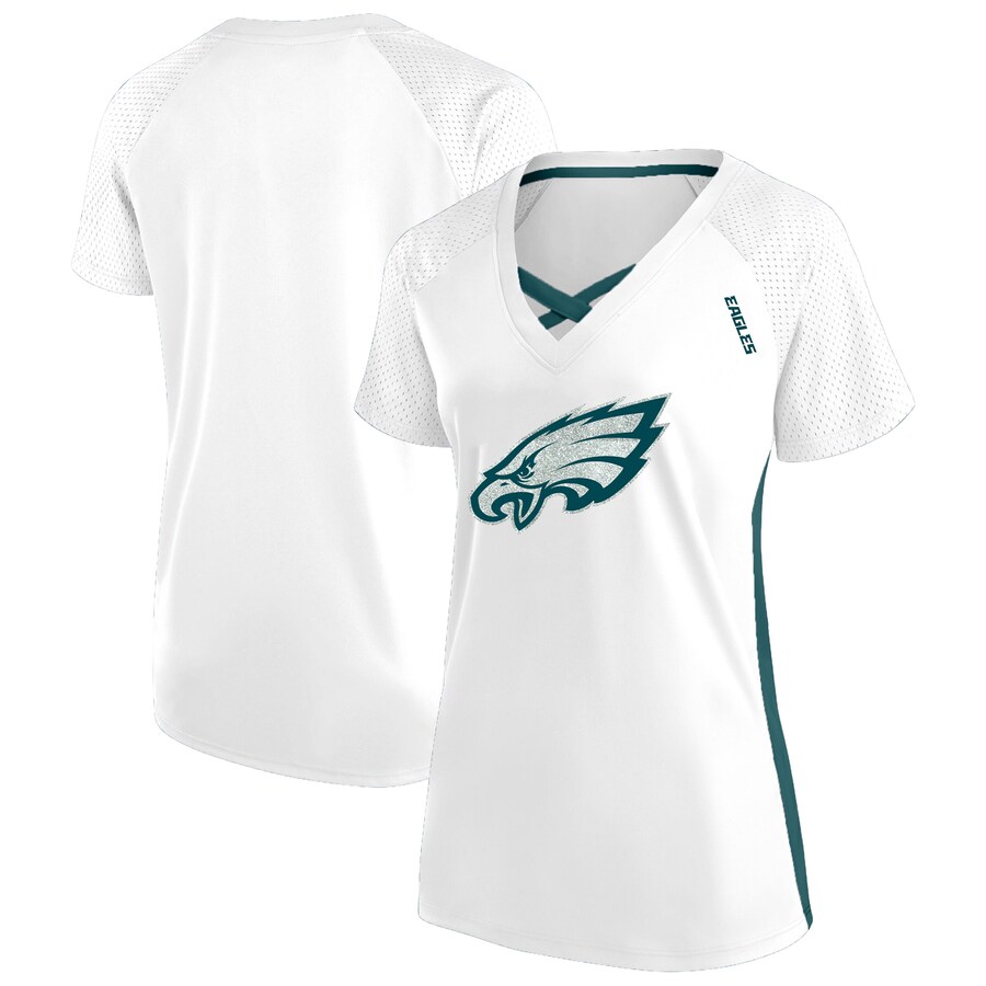 Women's Philadelphia Eagles Fanatics White Plus Size Glitter Lace-Up V- Neck T-Shirt
