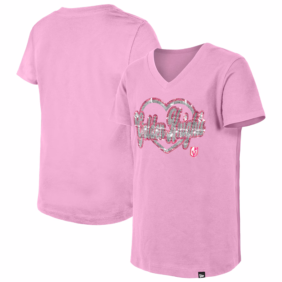 Girl's Youth Vegas Golden Knights New Era Pink Flip Sequin V-Neck T-Shirt