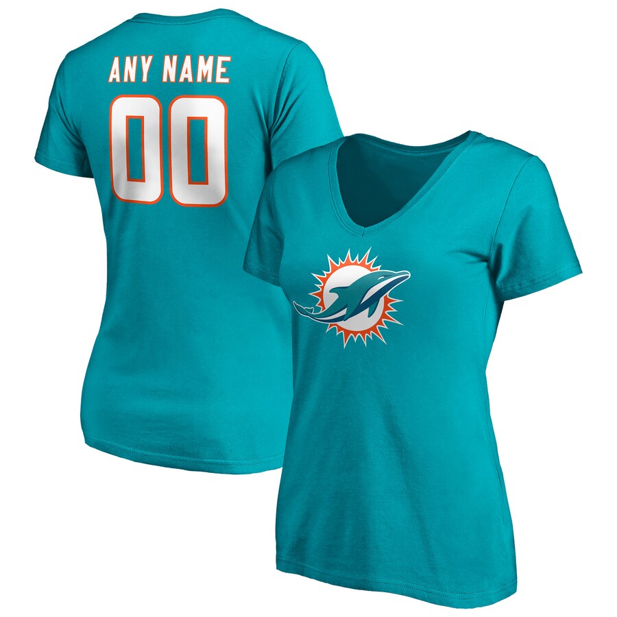 Women's Miami Dolphins Aqua Team Authentic Personalized Name & Number V-Neck T-Shirt