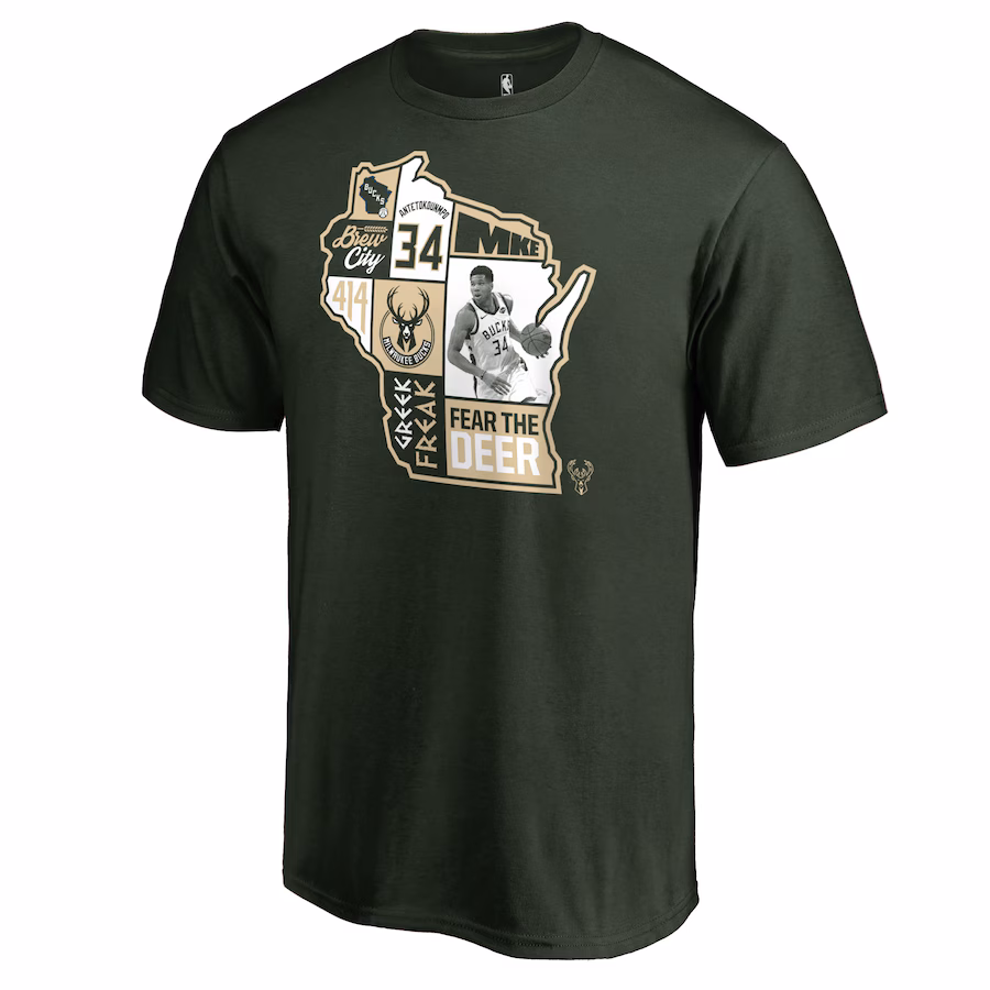 Men's Milwaukee Bucks Giannis Antetokounmpo Hunter Green Player State T-Shirt
