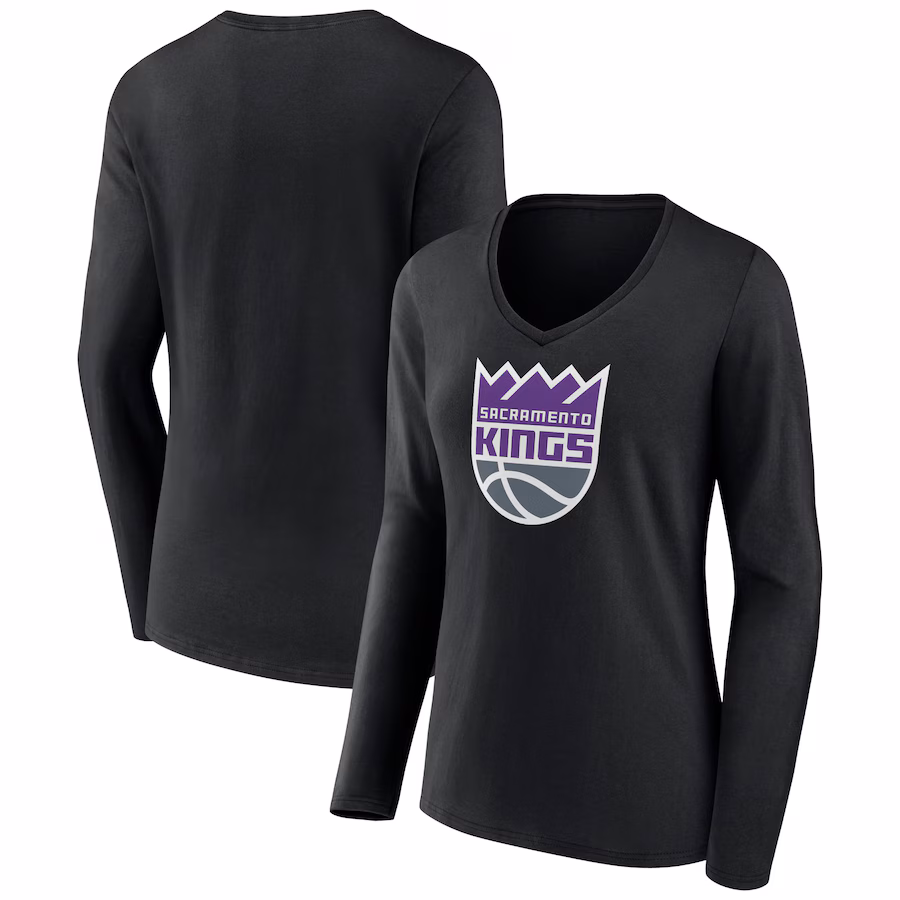 Women's Sacramento Kings Black Logo Long Sleeve V-Neck T-Shirt