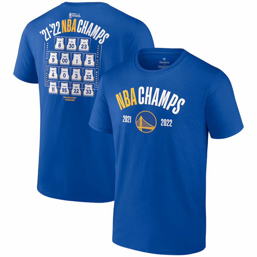 Men's Golden State Warriors Fanatics Royal 2022 NBA Finals Champions Final Buzzer Jersey Roster T-Shirt