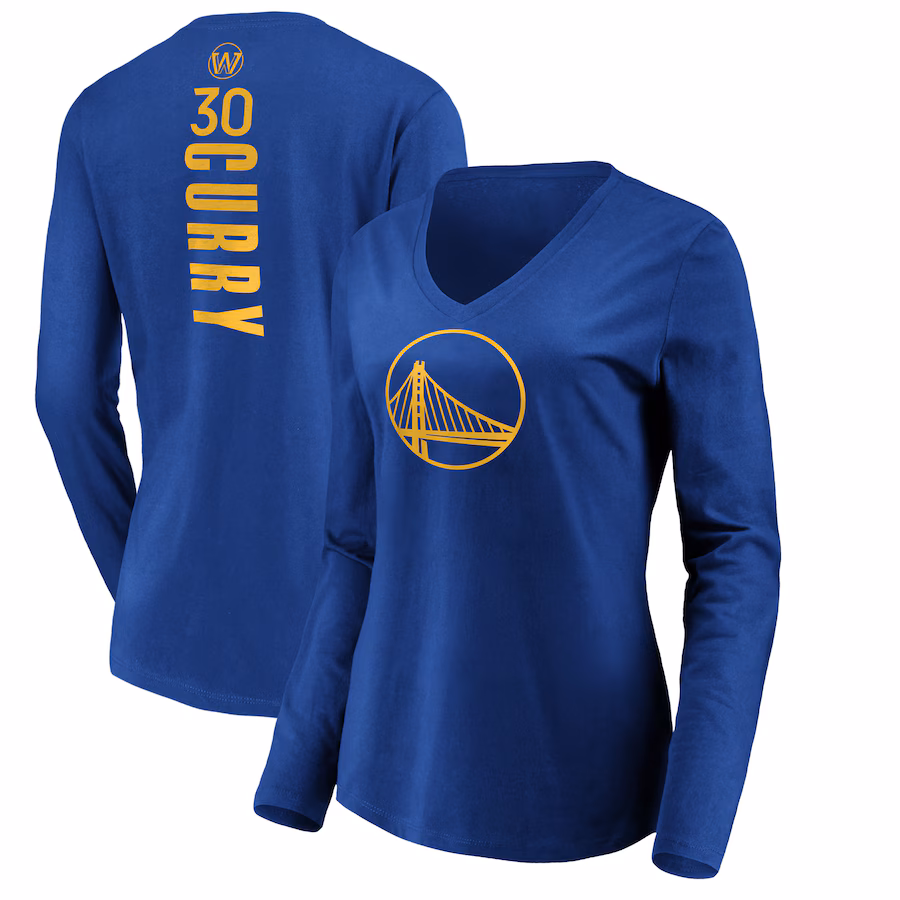 Women's Golden State Warriors Stephen Curry Royal Playmaker Name & Number Long Sleeve V-Neck T-Shirt