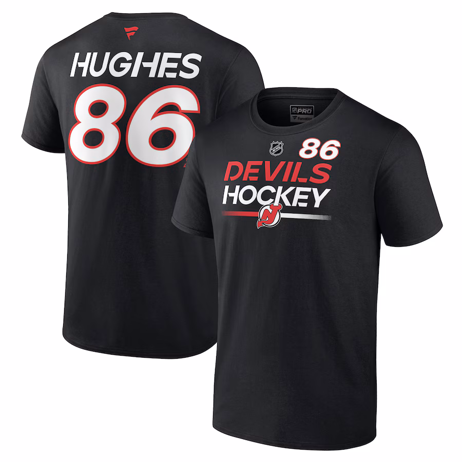 Men's New Jersey Devils Jack Hughes Fanatics Black Authentic Pro Prime Name & Number T-Shirt
