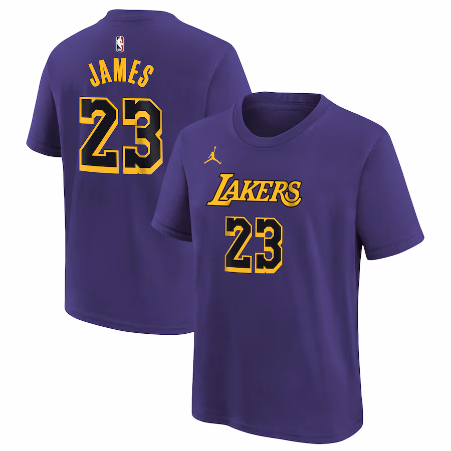 Youth Los Angeles Lakers LeBron James Jordan Brand Purple Name & Number Statement T-Shirt