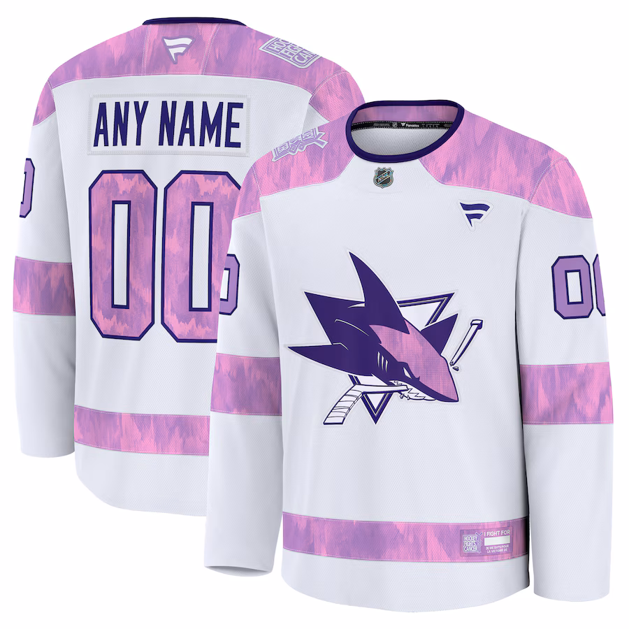 Men's San Jose Sharks Fanatics White 2024 Hockey Fights Cancer Custom Practice Jersey