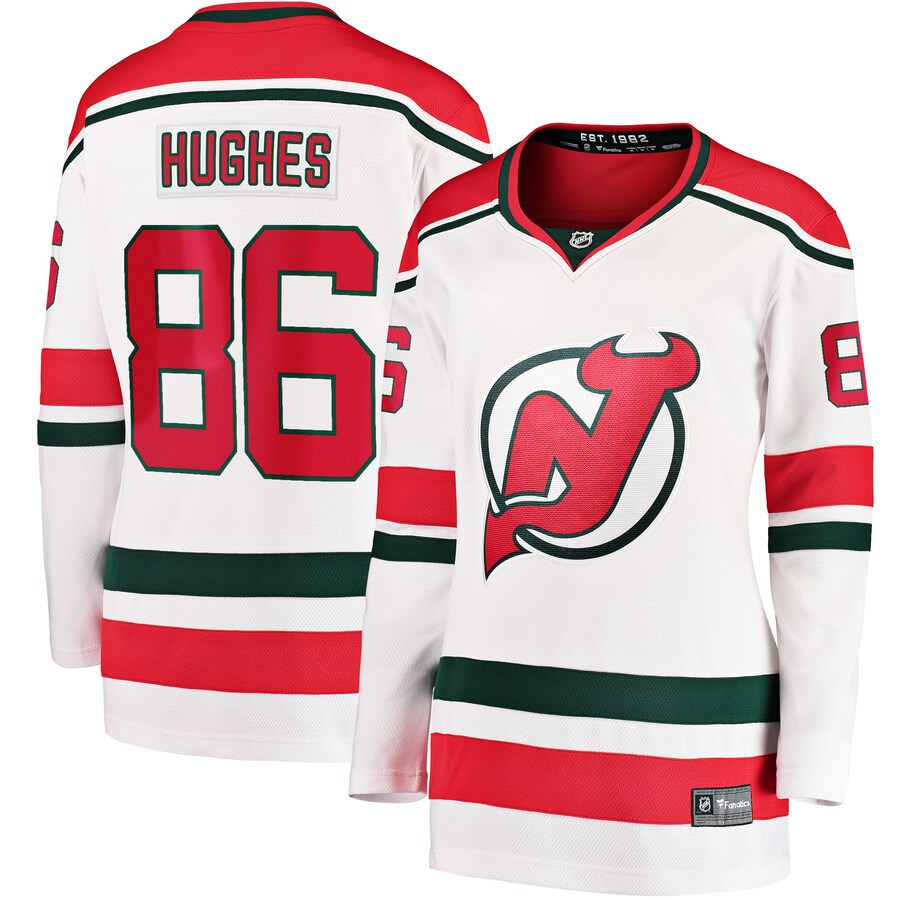 Women's New Jersey Devils Jack Hughes Fanatics Branded White 2022/23 Heritage Premier Breakaway Jersey