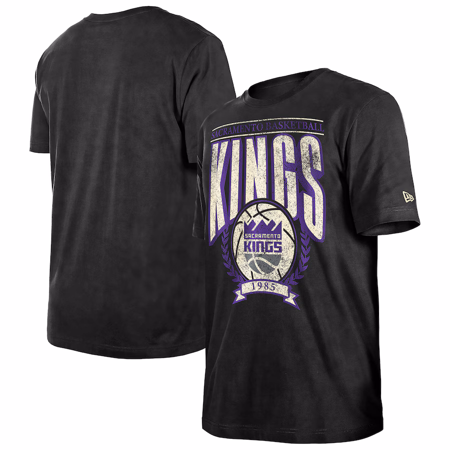 Men's Sacramento Kings  New Era Black Hardwood Classics Oversized Boxy Mineral Wash T-Shirt
