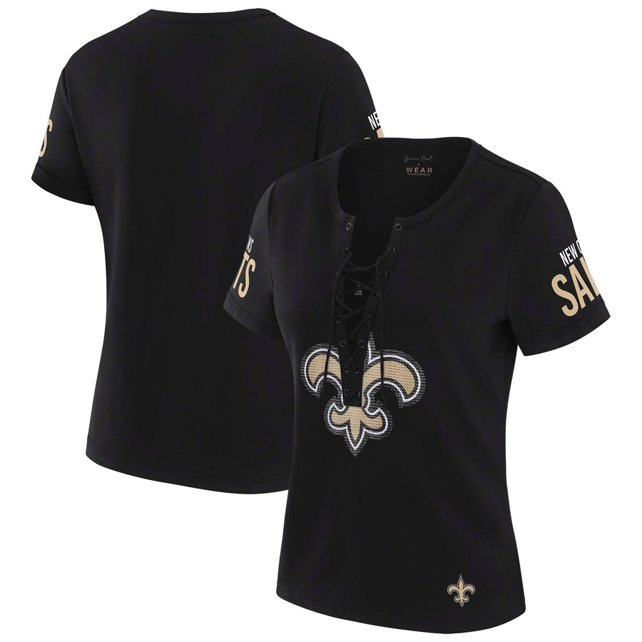 Women's New Orleans Saints WEAR by Erin Andrews x Gracie Hunt Black Draft Me Lace-Up T-Shirt