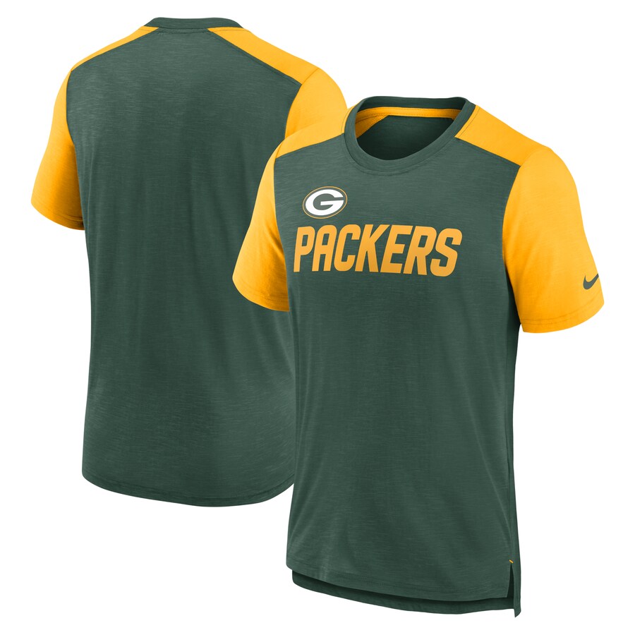 Men's Green Bay Packers Nike Heathered Green/Heathered Gold Color Block Team Name T-Shirt