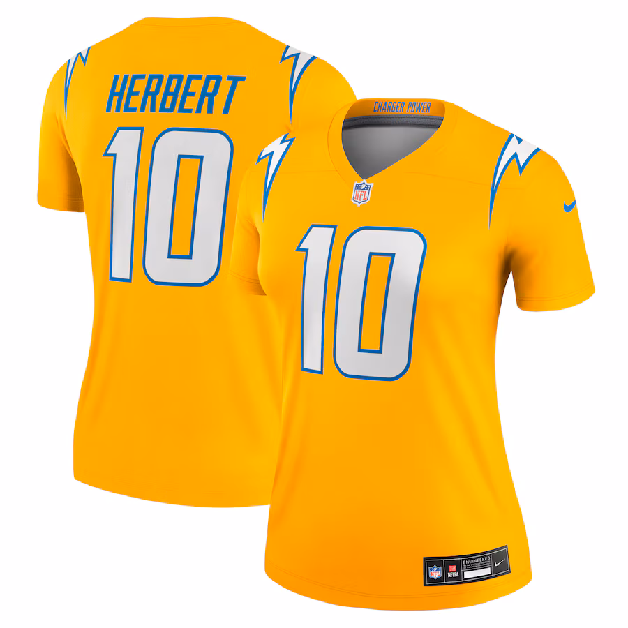 Women's Los Angeles Chargers Justin Herbert Nike Gold Alternate Charger Power Legend Player Performance Top