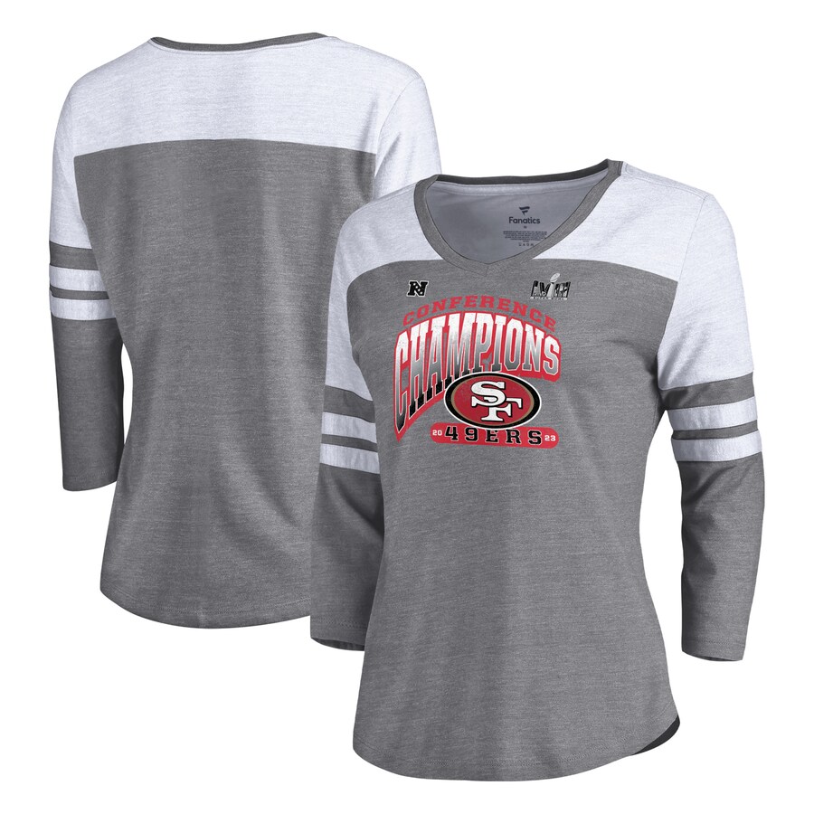 Women's San Francisco 49ers  Fanatics Heather Gray 2023 NFC Champions Hail Mary Tri-Blend 3/4-Sleeve V-Neck T-Shirt