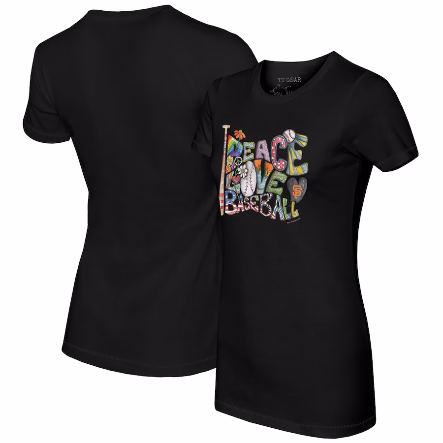 Women's San Francisco Giants Tiny Turnip Black Peace Love Baseball Fitted T-Shirt