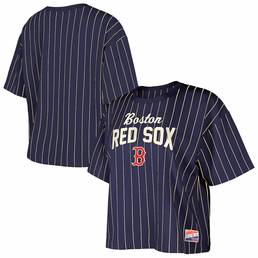 Women's Boston Red Sox New Era Navy Cooperstown Collection Multiplier Pinstripe Cropped T-Shirt