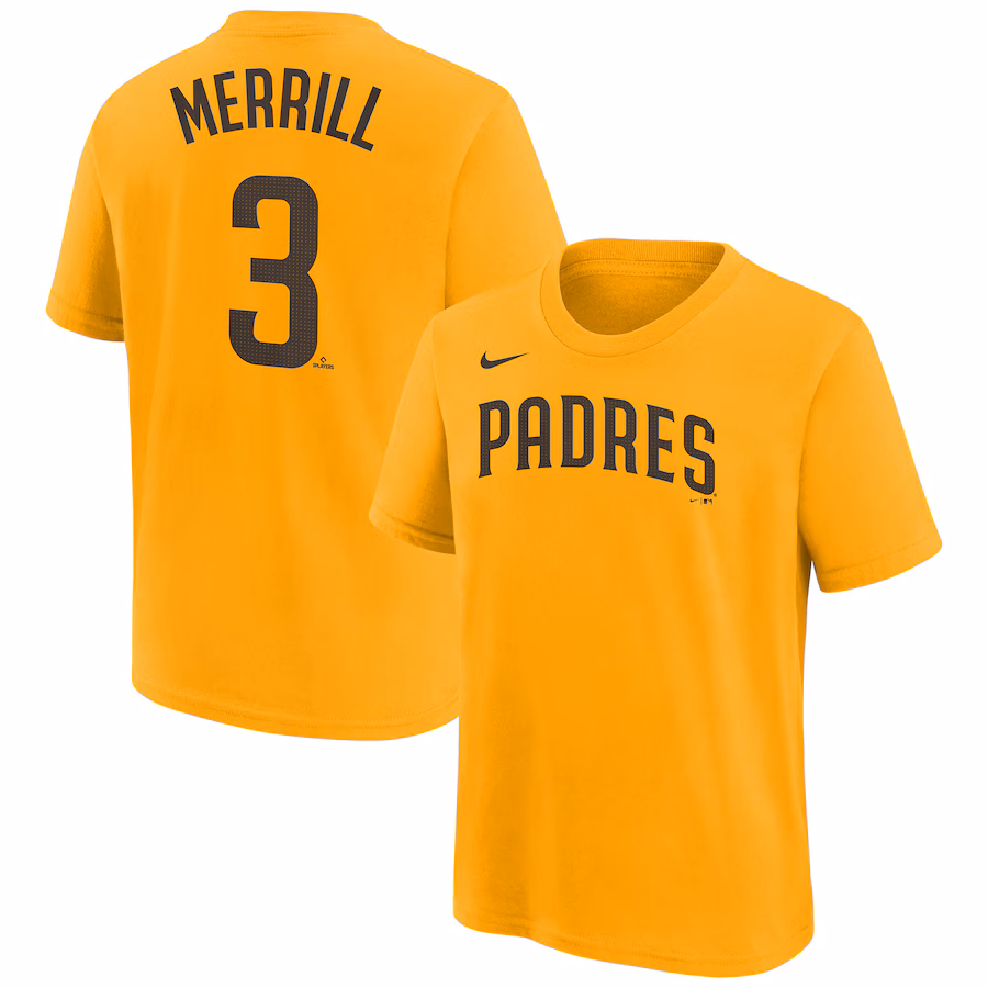 Youth San Diego Padres Jackson Merrill Nike Gold Player Name & Number T-Shirt