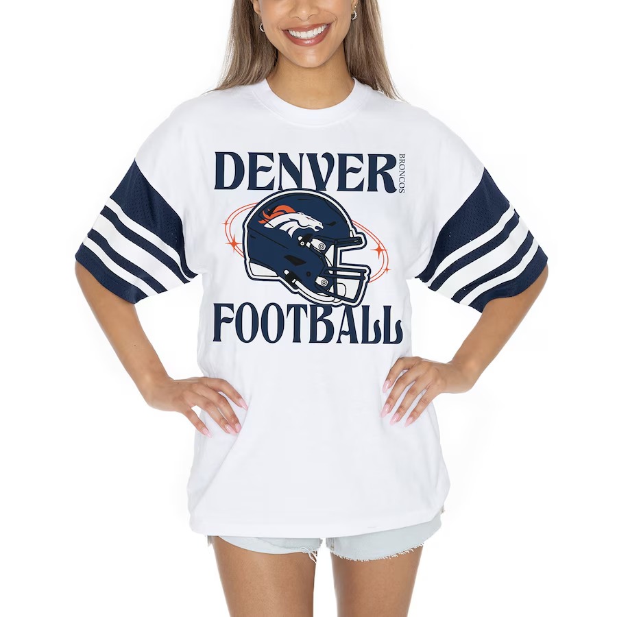 Women's Denver Broncos Gameday Couture White Vintage Look Contrast Mesh Striped Raglan T-Shirt