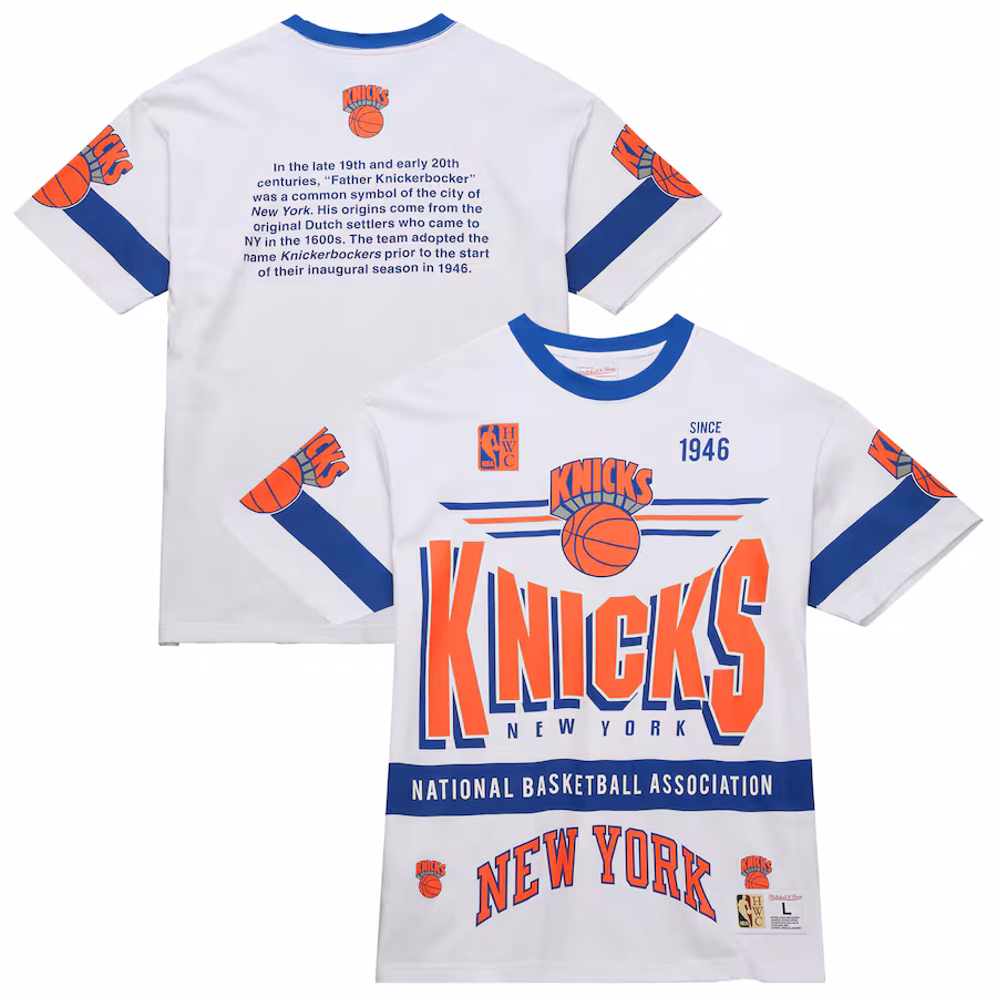 Unisex New York Knicks Mitchell & Ness White Hardwood Classics Vintage Team Origins Premium T-Shirt