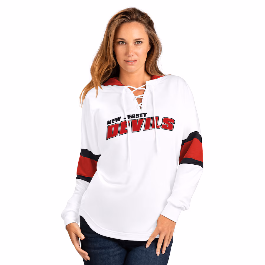 Women's New Jersey Devils G-III 4Her by Carl Banks White/Red Goal Zone Long Sleeve Lace-Up Hoodie T-Shirt