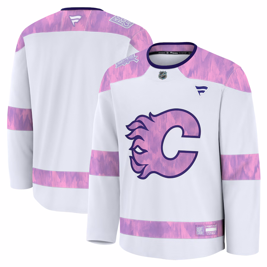 Men's Calgary Flames Fanatics White 2024 Hockey Fights Cancer Practice Jersey