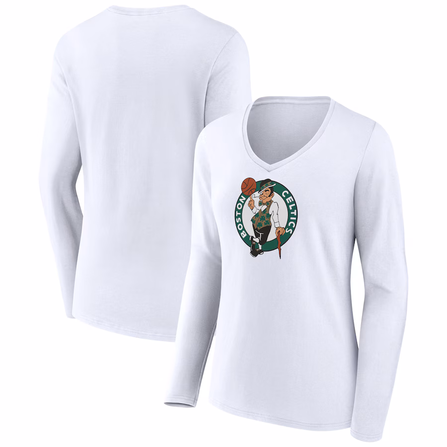 Women's Boston Celtics White Logo Long Sleeve V-Neck T-Shirt