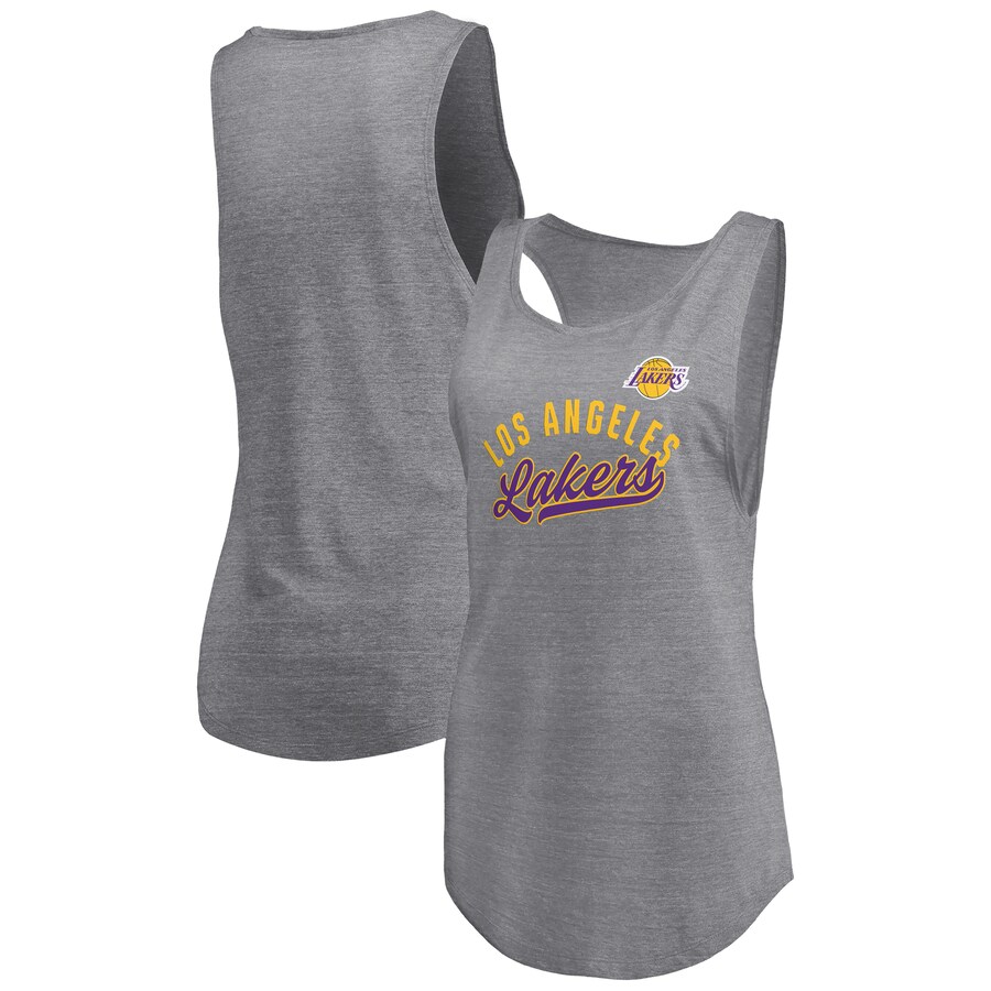 Women's Los Angeles Lakers Fanatics Heathered Gray Quality Time Open Scoop Neck Tri-Blend Tank Top