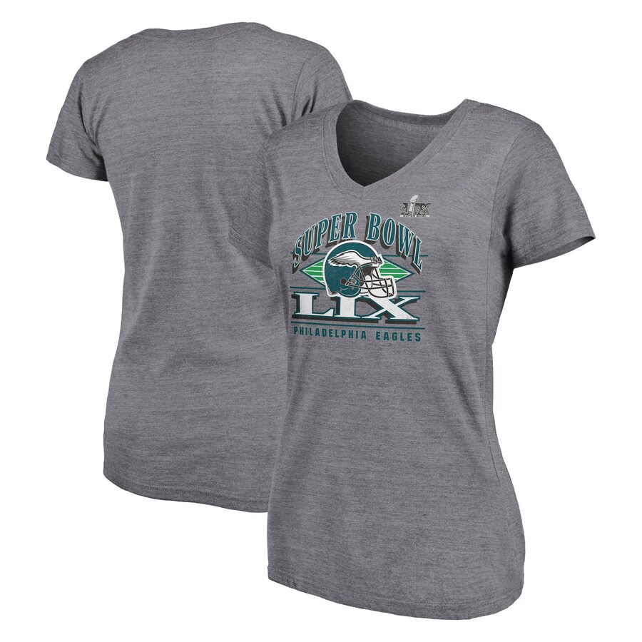 Women's Philadelphia Eagles Fanatics Heather Gray Super Bowl LIX Helmet Tri-Blend V-Neck T-Shirt
