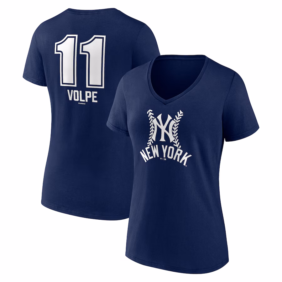 Women's New York Yankees Anthony Volpe Navy Fastball Player Name & Number V-Neck T-Shirt